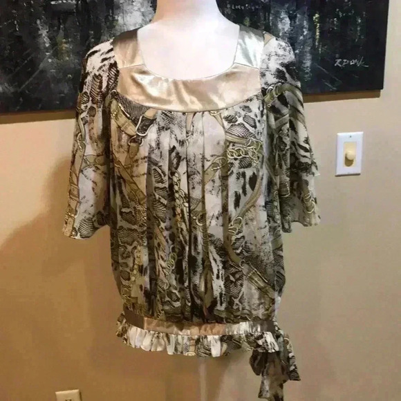 Madison Paige Gold Trim Square Neck Pleated Front Side Tie Top w/Bell Sleeves-M - Picture 1 of 9